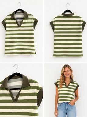 Striped Olive & Cream Short Sleeve Polo Top